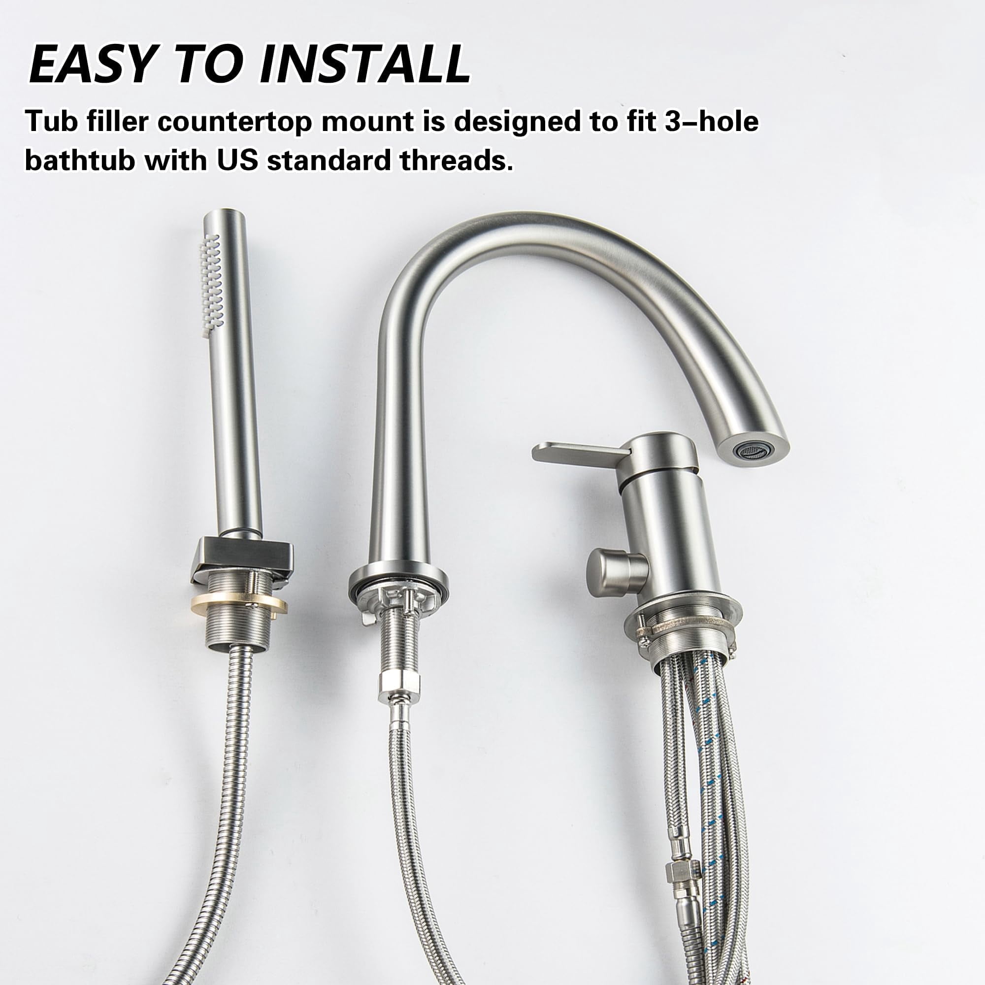 Roman Tub Faucet With Hand Shower 3 Hole Deck Mount Filler Bathtub Sprayer High Flow Set Brush Nickel