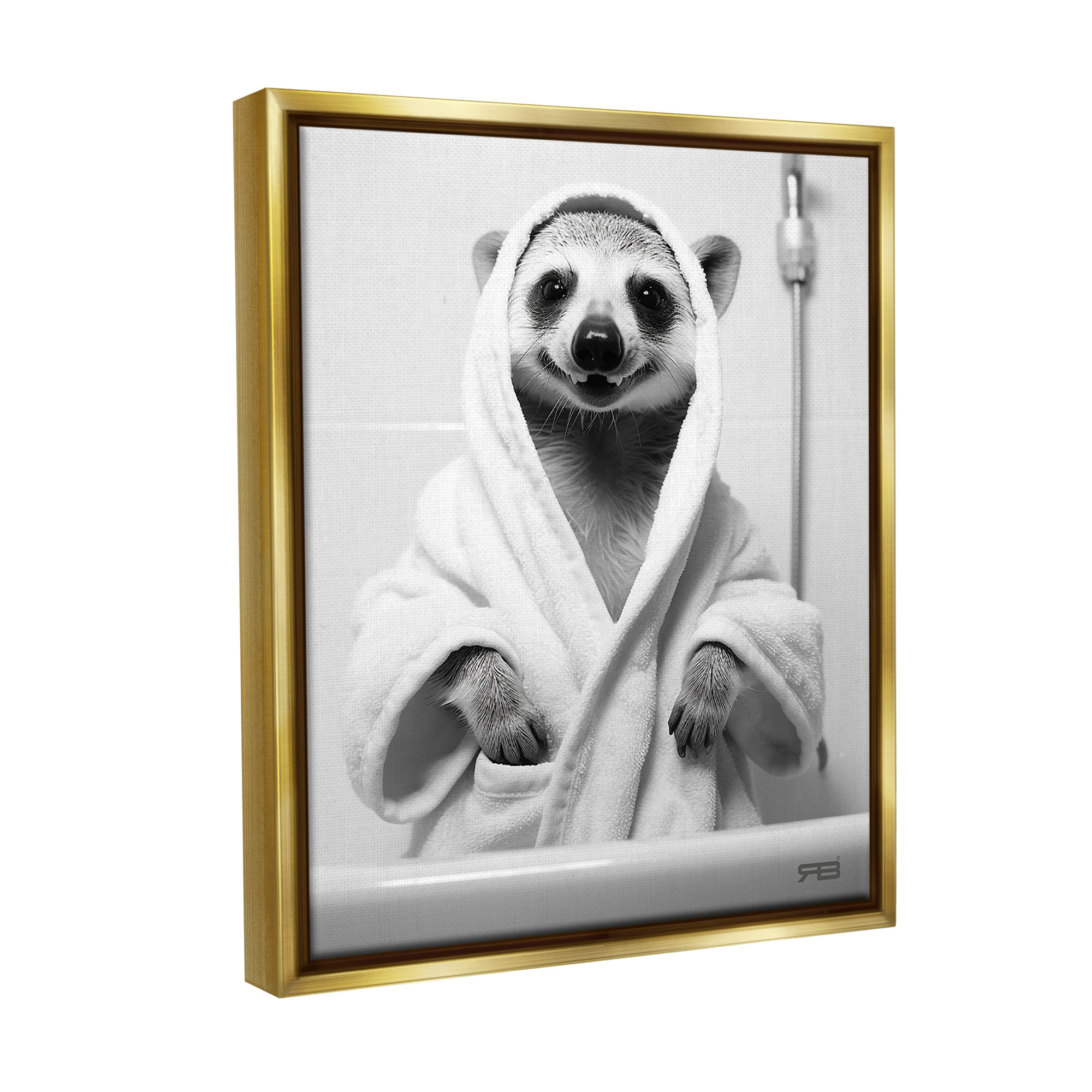 Stupell Industries Animal in Bathroom Robe Animals & Insects Painting Gold Floater Framed Canvas Art Print Wall Art, 25 x 31