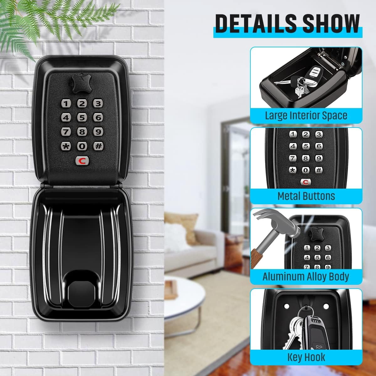 Key Lock Box for Outside, Waterproof Wall Mount Key Lock Box for House Key, 12-Digit Combination Resettable Large Capacity Security Lockbox for Home, Garage, Office,Black