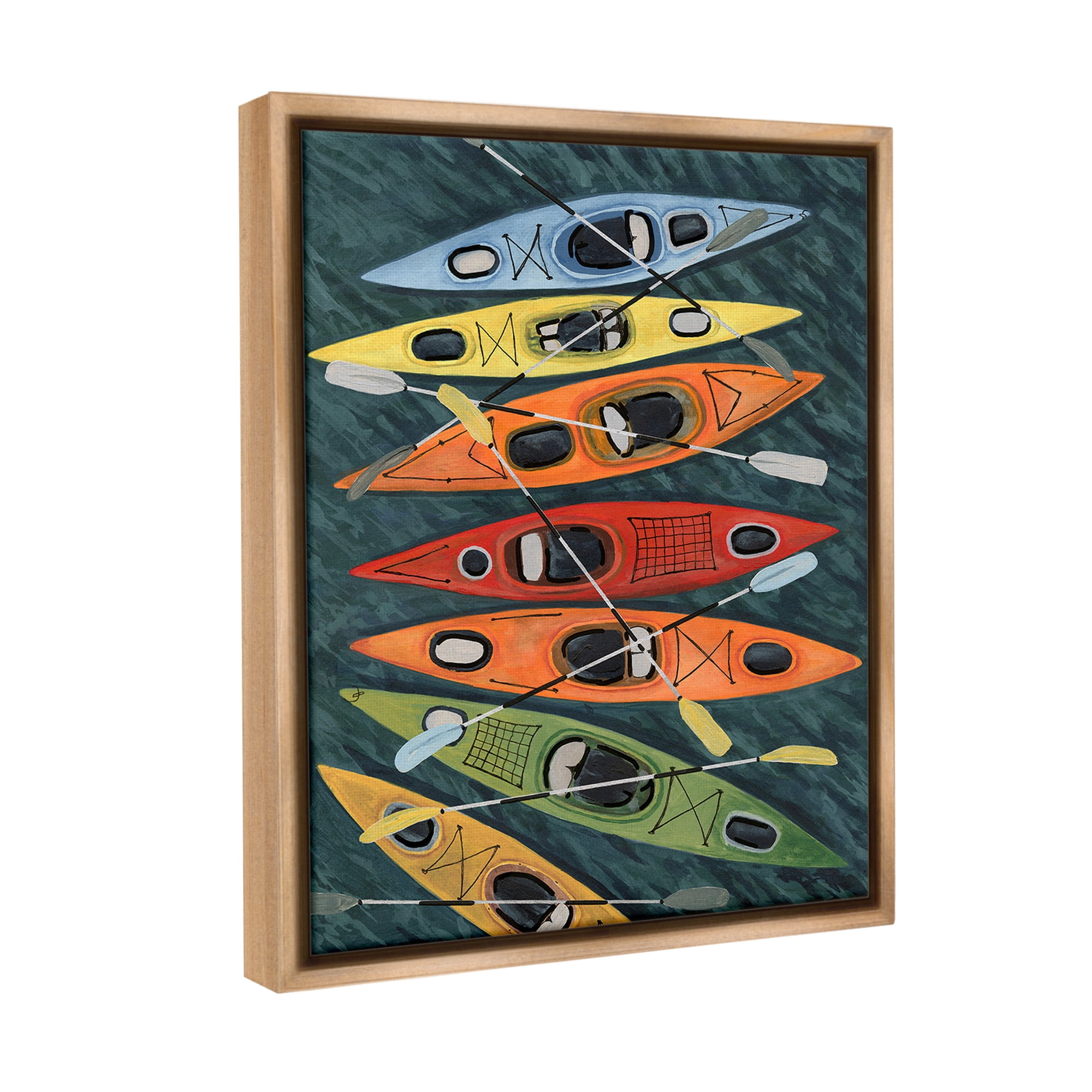 Stupell Industries Rainbow Hue Kayaks Transportation Painting Brown Floater Framed Canvas Art Print Wall Art, 17 x 21