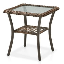 Planntonneo Outdoor Patio Rattan Side Table Wicker End Table with Glass Top