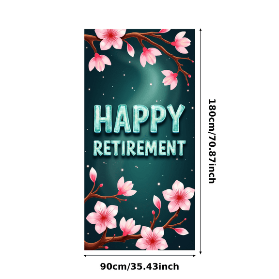 Shiny Orange Happy Retirement Banner on Blue Satin Backdrop with Butterfly and Star Elements Party Decoration Retirement Celebration Photography Props Background Decor