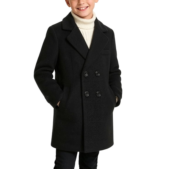 OGLCCG Boys Double Breasted Peacoat Kids Winter Notch Lapel Collar Overcoat with Pockets Warm Long Trench Coat 1-15 Years