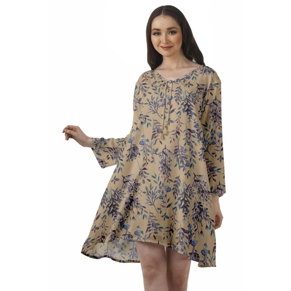 Moomaya Rayon Flared Dress For Womens Long Sleeve Printed V-Neck Casual Beach Dress For Girls