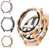 3 Pack Bling Case for Samsung Galaxy Watch 6 Screen Protector 44mm, Tempered Glass Glitter Diamond Bumper Face Cover for Galaxy Watch 6 Accessories 44mm Galaxy Watch Case for Women,Black/Gold/Pink