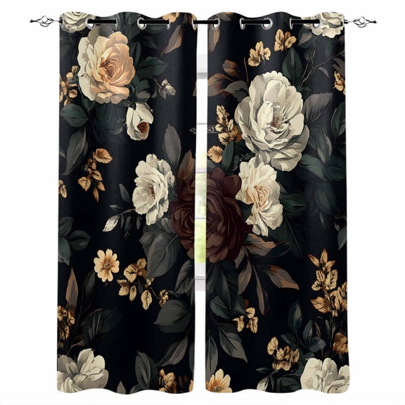 Vintage Black Floral Blackout Curtains for Bedroom/Living Room, Thermal Insulated Kitchen Curtains, Spring Seasonal Botanical Blooms Grommet Darkening Window Treatment Drapes 52"x84"x2