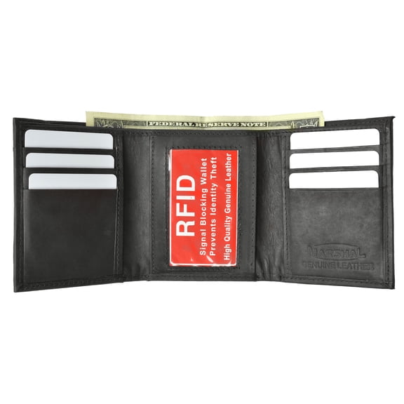 Black Leather Trifold Mens Wallets Minimalist Design RFID Blocking Smart Wallet