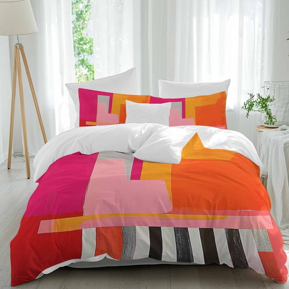 3 Piece Pink Orange Duvet Cover Set California King,Microfiber Comforter/Quilt Cover with Corner Ties and 2 Pillowcases,Geometric Modern Abstract Oil Painting All Season Bedding with Zipper Closure