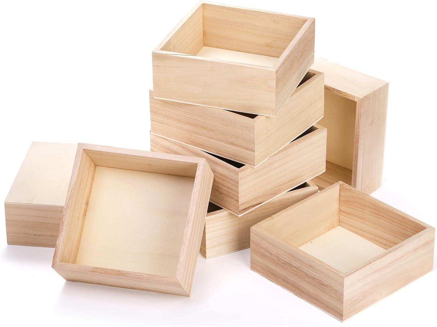 8 Pack Unfinished Wooden Box, 6 x 6 Inch Square Rustic Wooden Box Storage Organizer Boxes Small Wood Boxes for Crafts, Centerpiece, Home Decor, Storage, Collectibles, Succulent, Drawer