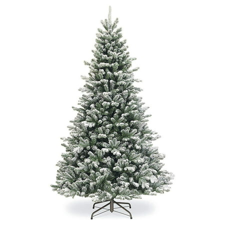 7' Flocked Artificial Christmas Tree Unlit - 6ft Fake Christmas Pine Tree with Fake Snow 871 Tips Green and White 6 Foot Christmas Tree with Plastic Base for Holidays 6' x