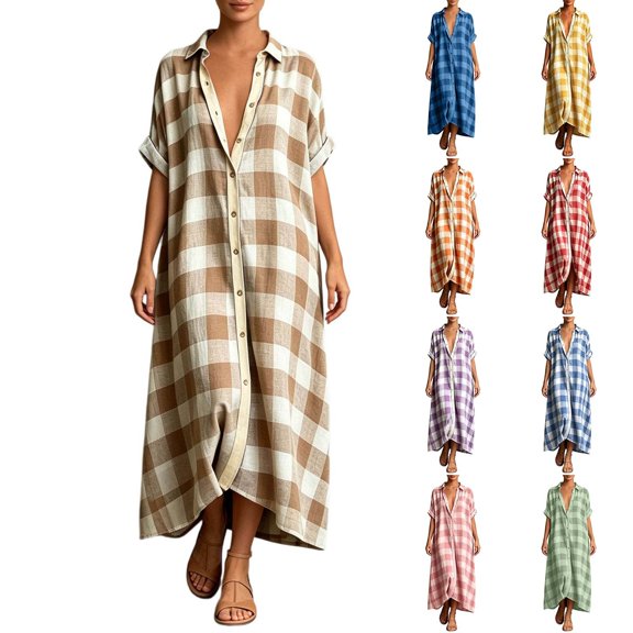KHONTS Women's Linen Maxi Shirt Dress Short Sleeve Button down Casual Dress Loose Summer Gingham Beach Cover up Dresses Yellow XL