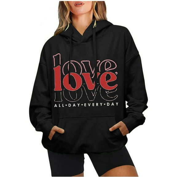 Pimelu Valentine Sweater for Women Womens Valentines Day Hooded Sweatshirts Oversized Pocket Drawstring Pullover Hoodies Tops Trendy Love Letter Print Sweatshirts