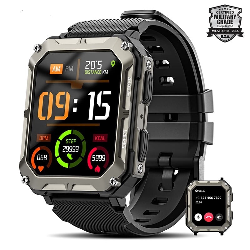 C20 PRO Military Smart Watches for Men IP68 Waterproof Rugged Bluetooth Call(Answer/Dial Calls) 1.83'' Tactical Fitness Watch Tracker for Android iOS Outdoor Sports(Black)