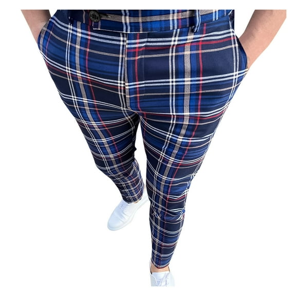 snowsong Mens Dress Pants Work Pants For Men Men's Casual Plaid Pencil Pants Zipper Elastic Waist Pants Trousers Pants For Men Navy L