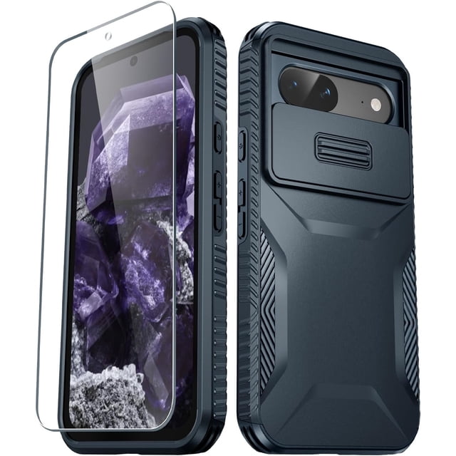 KOMI for Google Pixel 8a Case with 1 Screen Protector, Built-in Slide Camera Cover, Military Grade Drop Protection, Heavy Duty Rugged Shockproof Protective Phone Cover, Blue