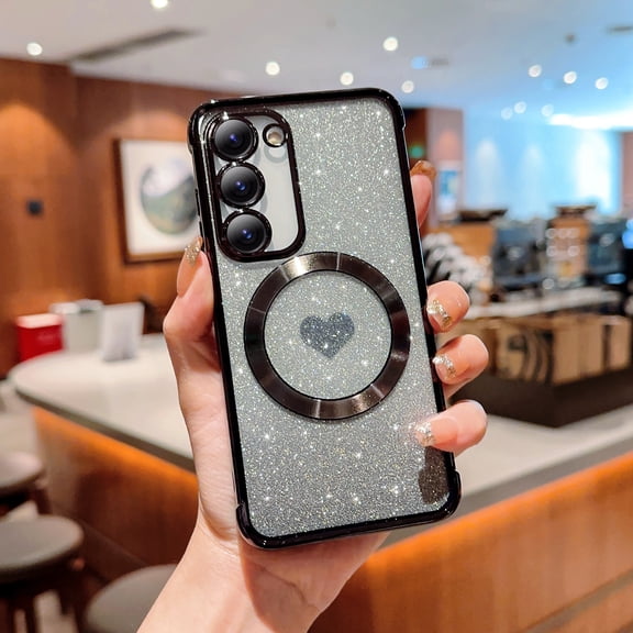for Samsung Galaxy S21 Case Glitter, Clear Magnetic with Luxury Love Heart Pattern [Compatible with MagSafe] Bling Sparkle Plating Soft TPU Shockproof Gradient Cover Women Girls,Black