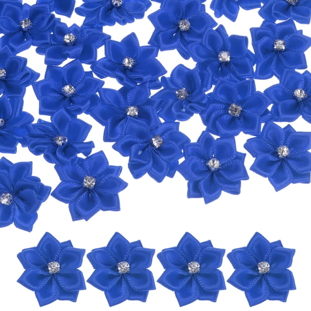 Uxcell 100-Pack Flores de Cinta de Satén, Flores de Tela Mini de 1.2 Pulgadas con Strass para Manualidades y Proyectos de Bricolaje Azul Oscuro