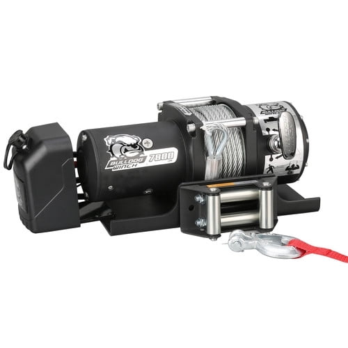 Bulldog Whes Winch 10031 Vehicle Mounted; Trailer Winch; 12 Volt Electric; 5.2 Horse Power; 7800 Pound Line Pull Capacity; 8.1 Millimeter x 47.5 Foot Wire Rope; Roller Fairlead; Wired Controller
