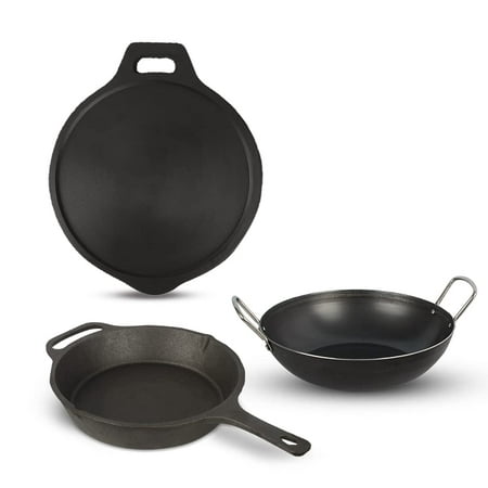 

diollo Pre Seasoned Cookware Combo- Cast Iron Tawa 25.4cm/Cast Iron Skillet Fry Pan 25.4cm/Iron Kadai 25.4cm Black