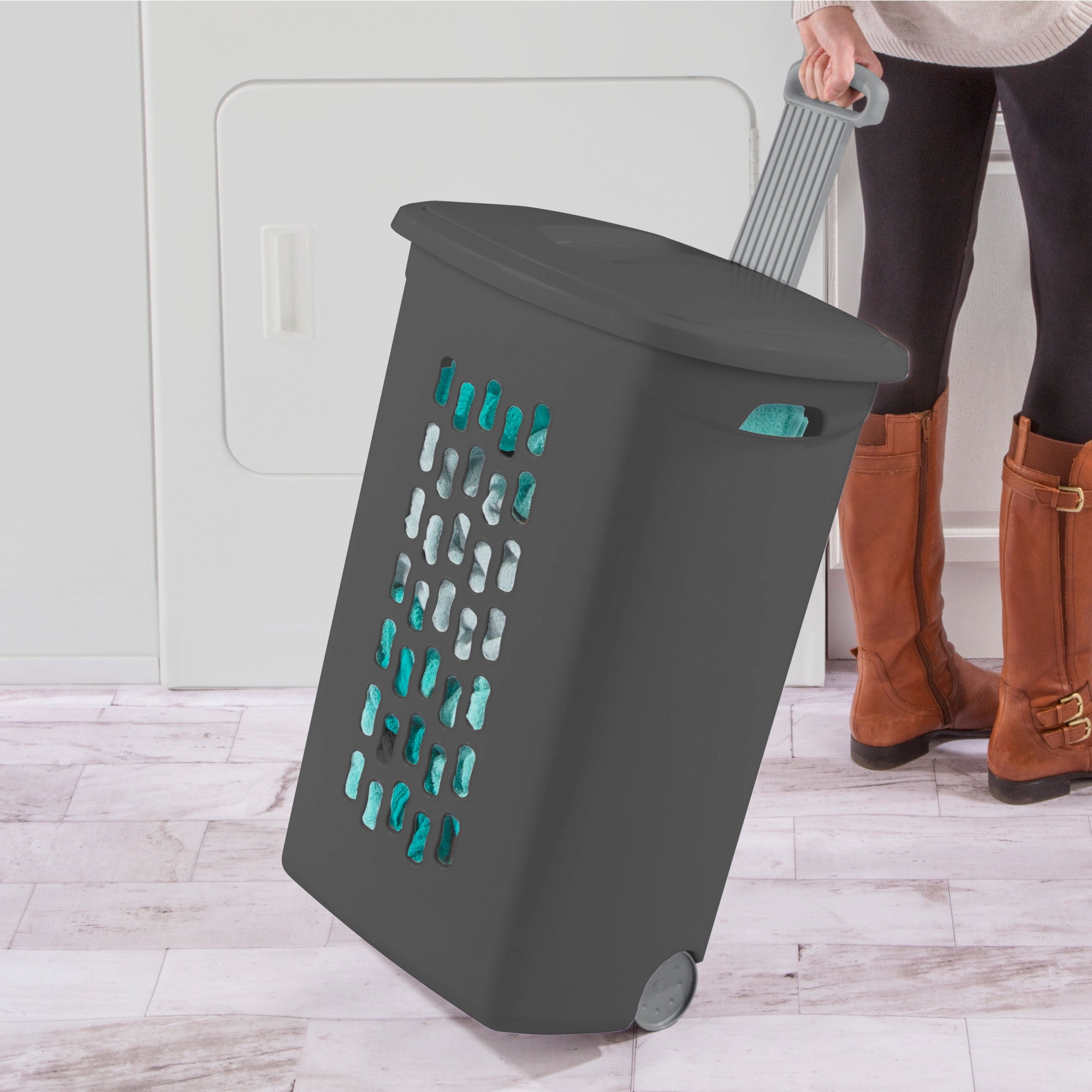 Sterilite 3-Pack Ultra Wheeled Hamper, Laundry Basket with Lid and Handle, Flat Gray