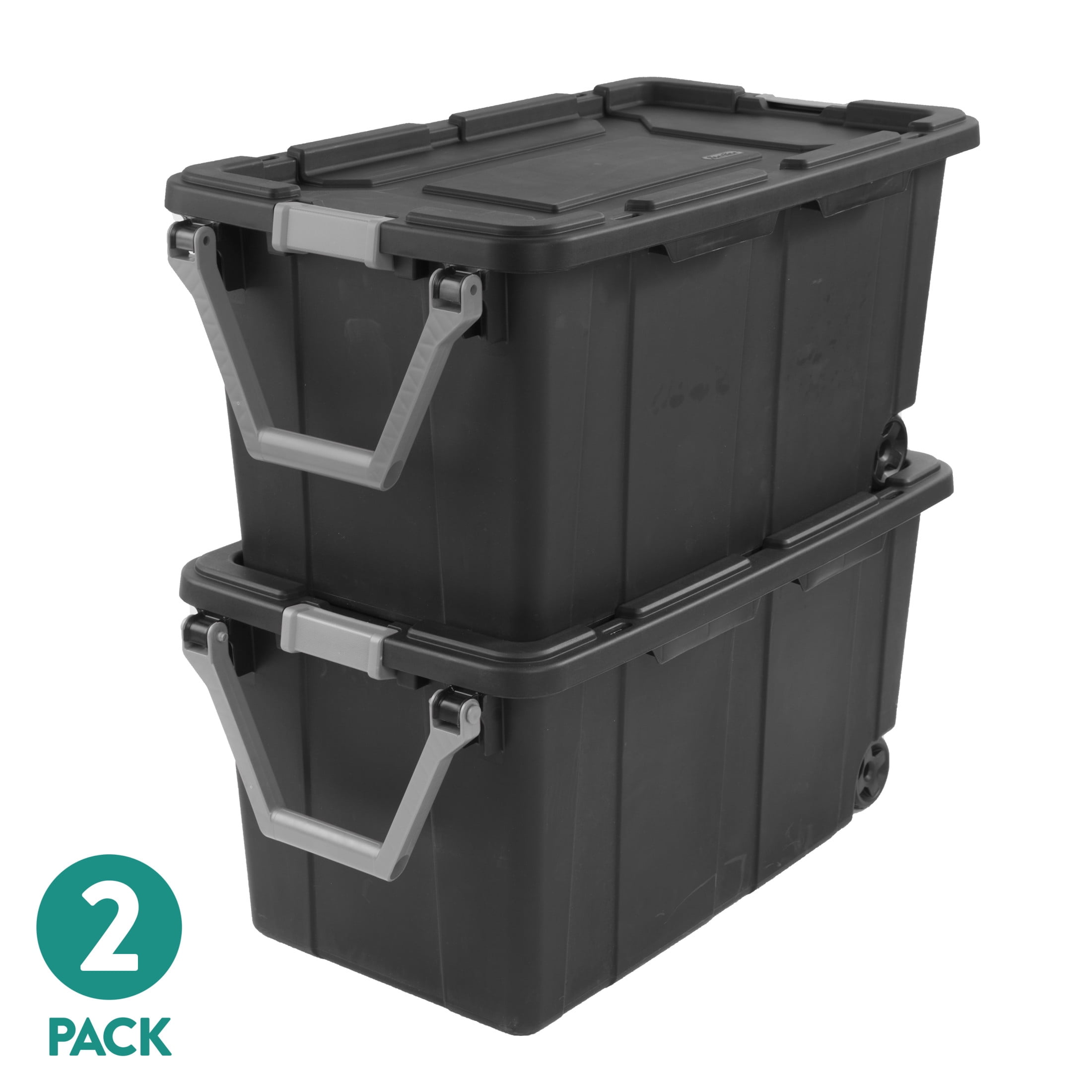 (2 pack) Sterilite Extra-Large Wheeled Industrial Storage Bin, 40 Gallon Durable Plastic Storage Tote with Latching Lid and Pull Handle, Dark Gray, 2 Pack