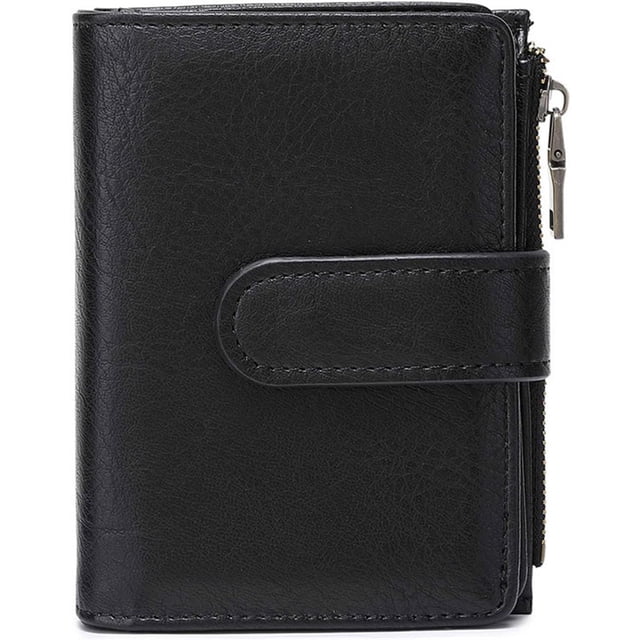 portafolios de piel para mujer, con bloqueo RFID de doble cierre, bolsillo para tarjetas con ventana de identificación, Negro -, portafolios para mujer