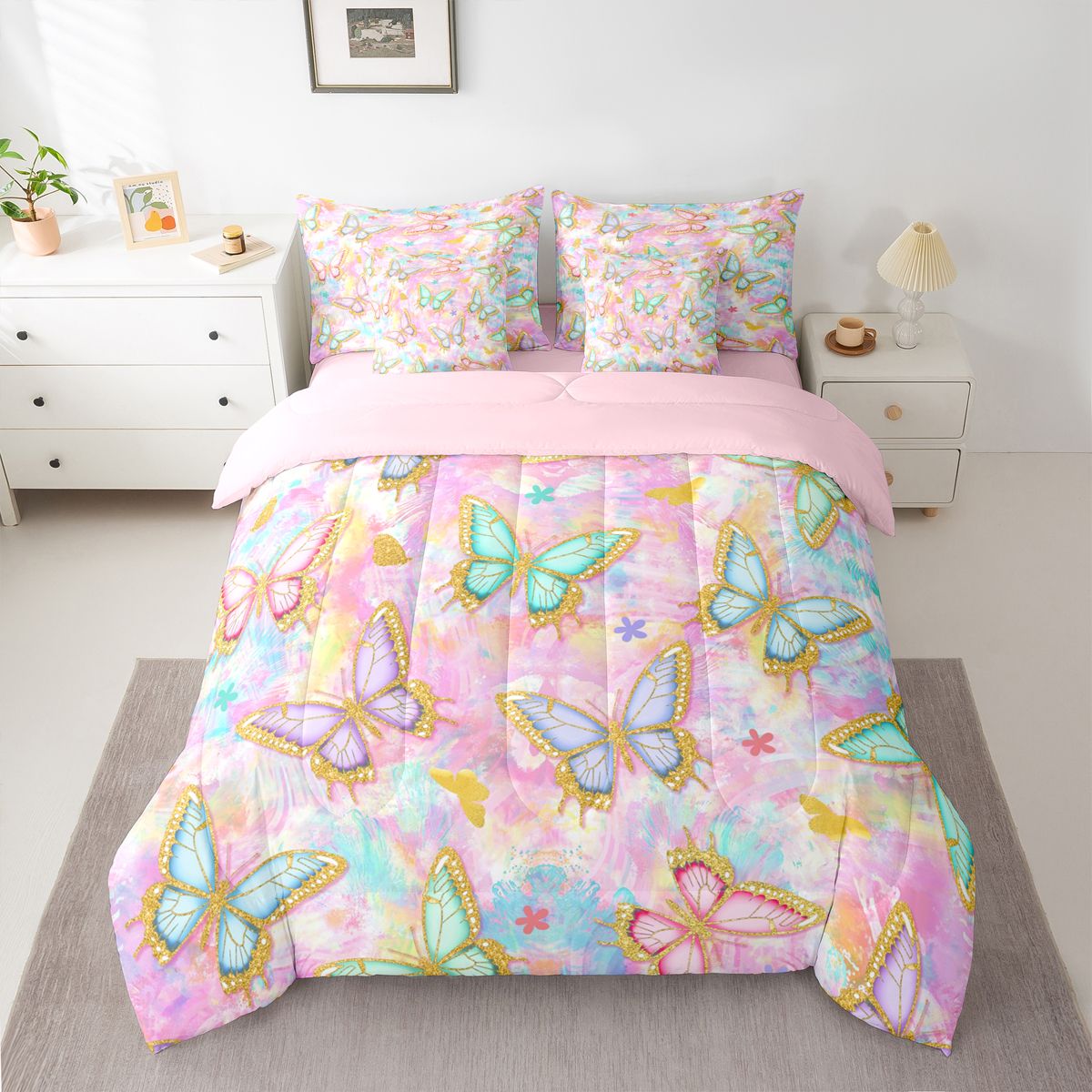jejeloiu Kawaii Flying Butterfly 7-Piece Bedding Comforter Set,Watercolor Graffiti Artwork King Bedding Sets,Colorful Gradient Bed Sheets For Girls,Microfiber Bedroom Decor Reversible
