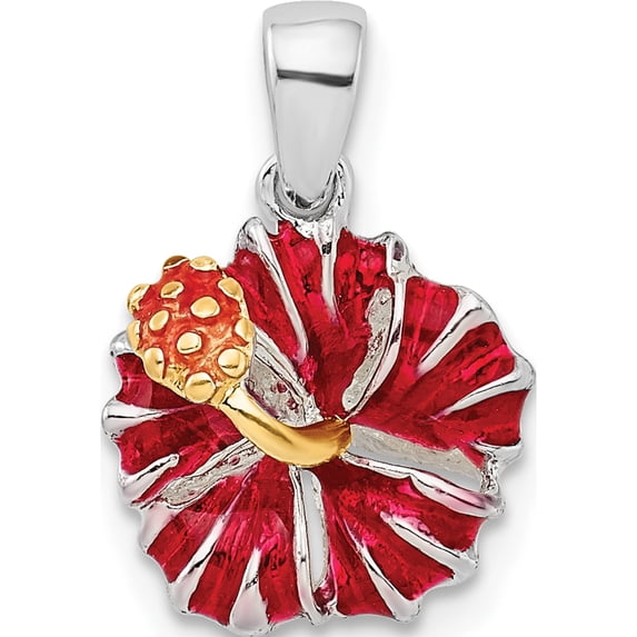 Sterling Silver Polished Enameled Red Hibiscus Pendant - Jbsp