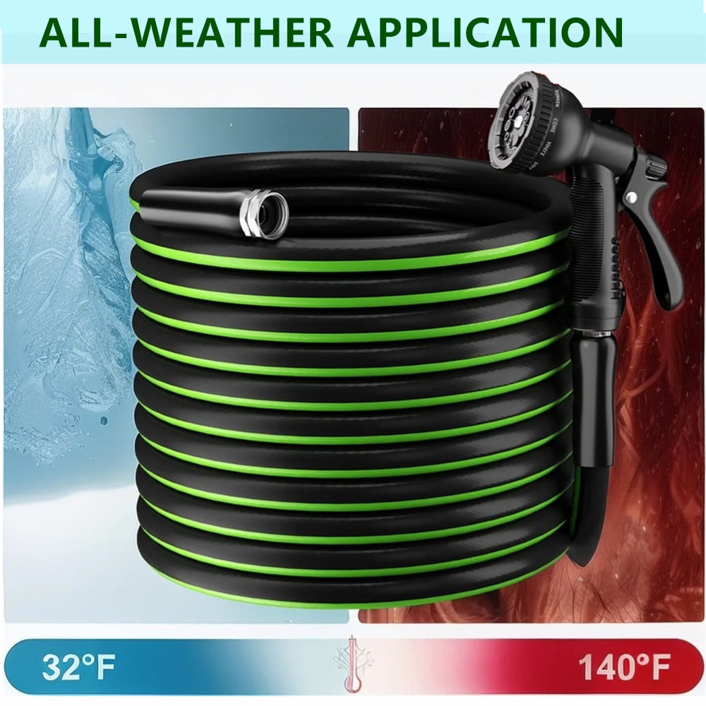 100ft Garden Hose 5/8" Heavy Duty Rubber Hydrid Water Hose 600 PSI with 10-Function Water Sprayer