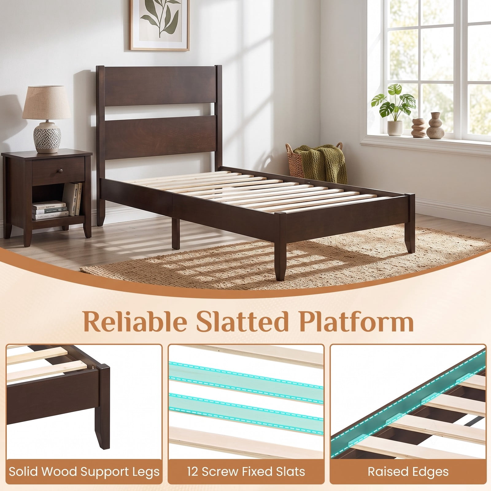Furnibear Twin Bed Frame Wood Platform Bed with Plank Headboard Solid Wood Legs and 12 Slats for Bedroom and Guest Room, Warm Brown
