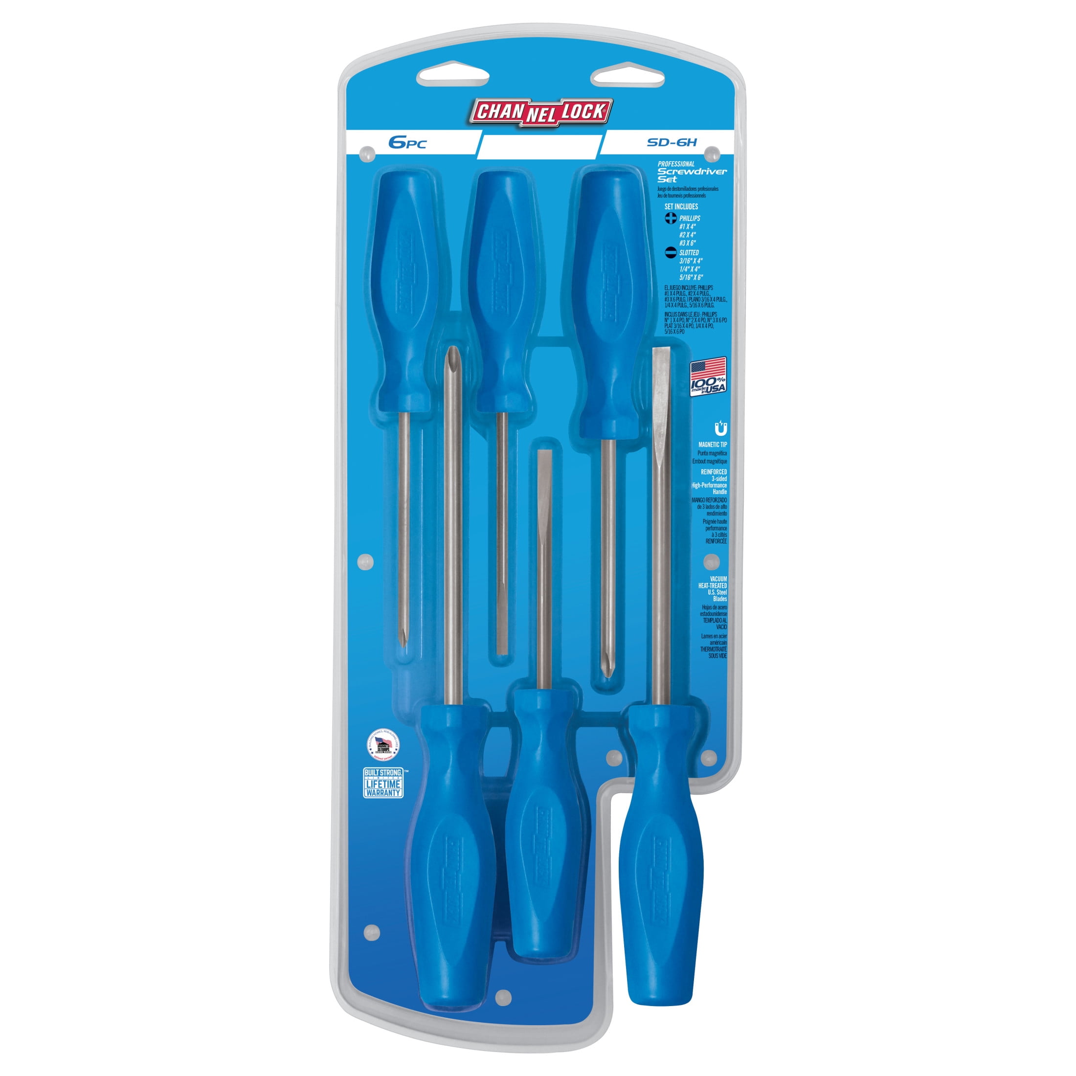 CHANNELLOCK Professional Screwdriver Set, Includes Phillips and Slotted Screwdriver, Precision Machined with Magnetic Tip & Tri-Lobe Grip, Ideal for Home Improvement, Made in USA, 6-tool set (SD-6H)