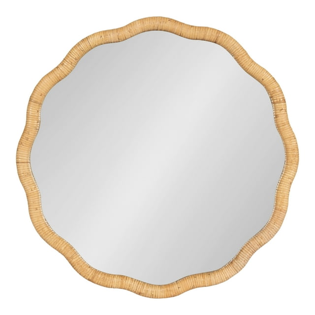 Kate and Laurel Rahfy Boho Scalloped Round Rattan Mirror, 26 Inch Diameter, Natural Wood, Decorative Round Wavy Mirror with Authentic Rattan Frame for Boho Wall Decor