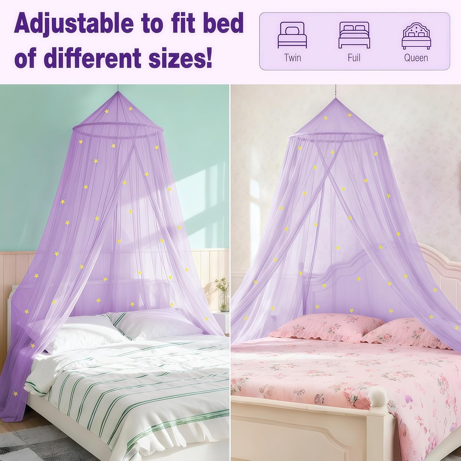 Bed Canopy for Girls with Glow-in-The-Dark Stars, Princess Canopy Curtains Fits Single, Twin, Full, Queen Size Bed, Bedroom Accessories, Ceiling Tent