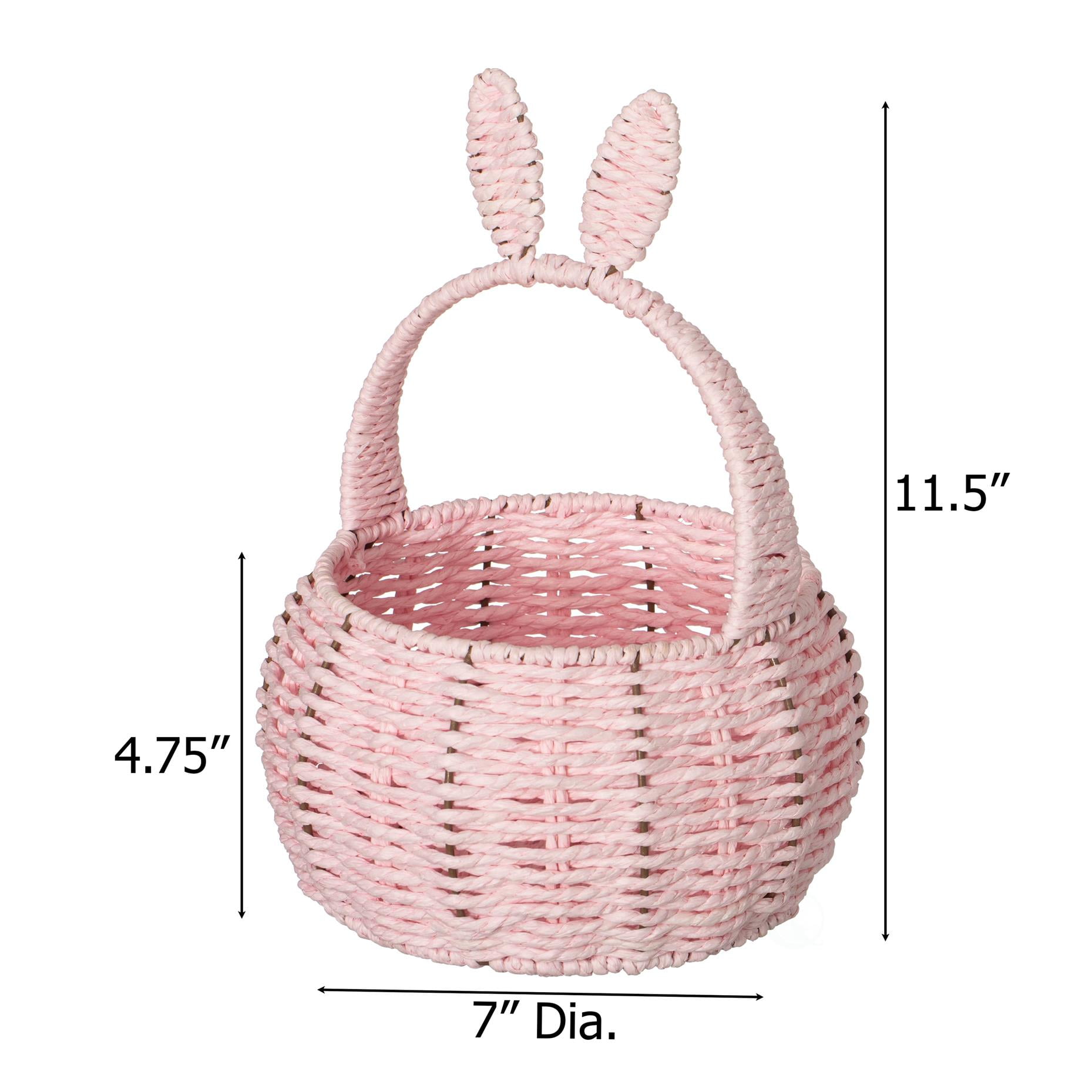 Wickerwise Hand-Woven Easter Bunny Ear Basket with Handle – Multi-Purpose Paper Rope Wicker Basket for Easter Egg Hunts, Picnics, Flower Arrangements, Food Storage, Party, and Home Decor, Pink