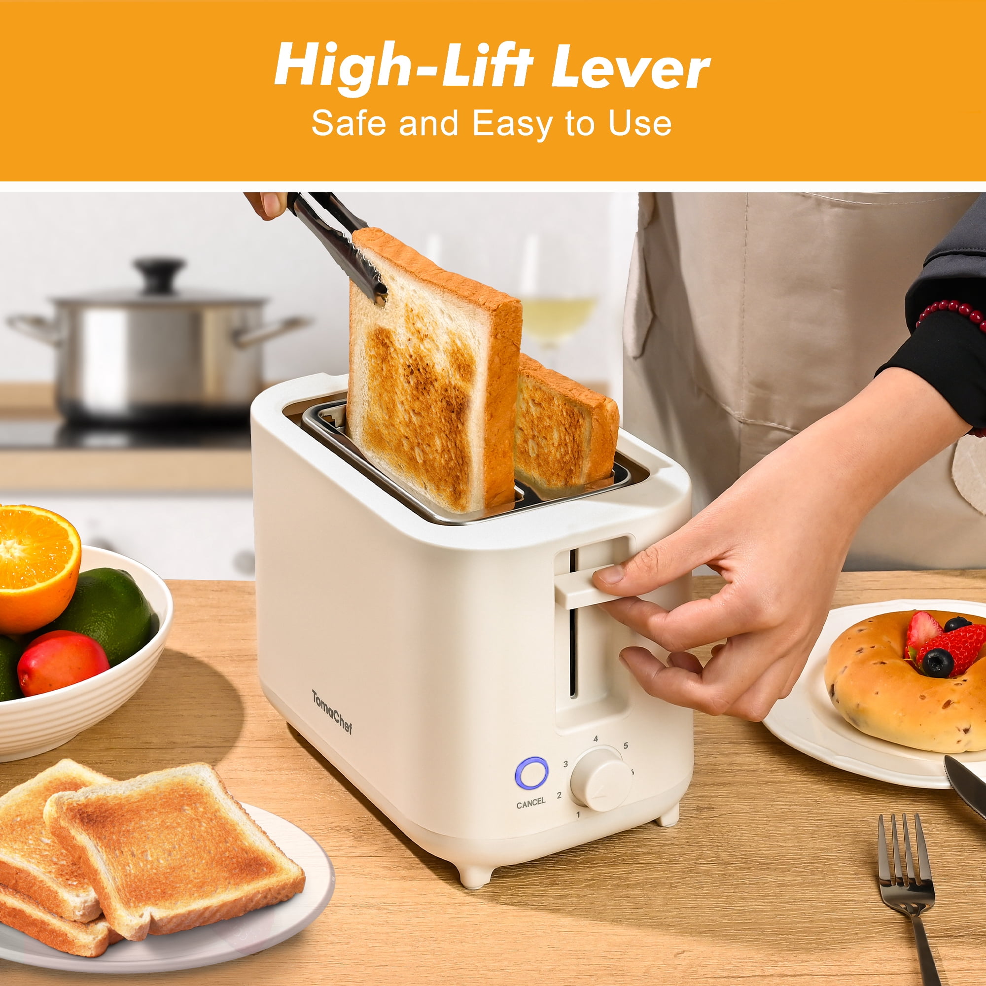 TomaChef 2-Slice Toaster, 7 Shade Settings, Extra-Wide Slots for Bagels and Bread, Removable Crumb Tray, Compact Design, Off-White