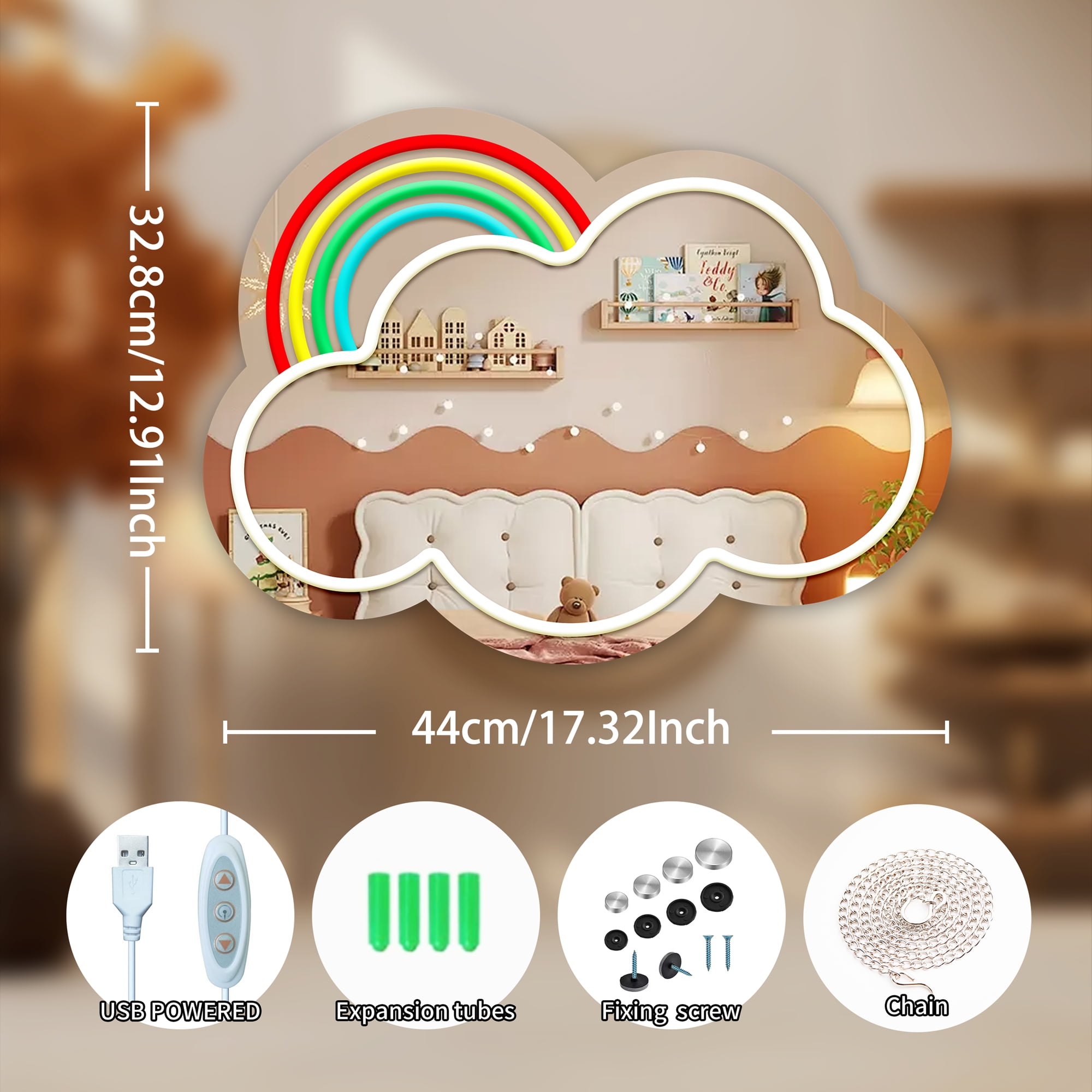 Anime Rainbow Mirror with Light Neon Signs for Locker Room Living Room Girl's Bedroom, Cute Acrylic Mirror with Dimmable for Girl Gifts, Rainbow Wall Mirror