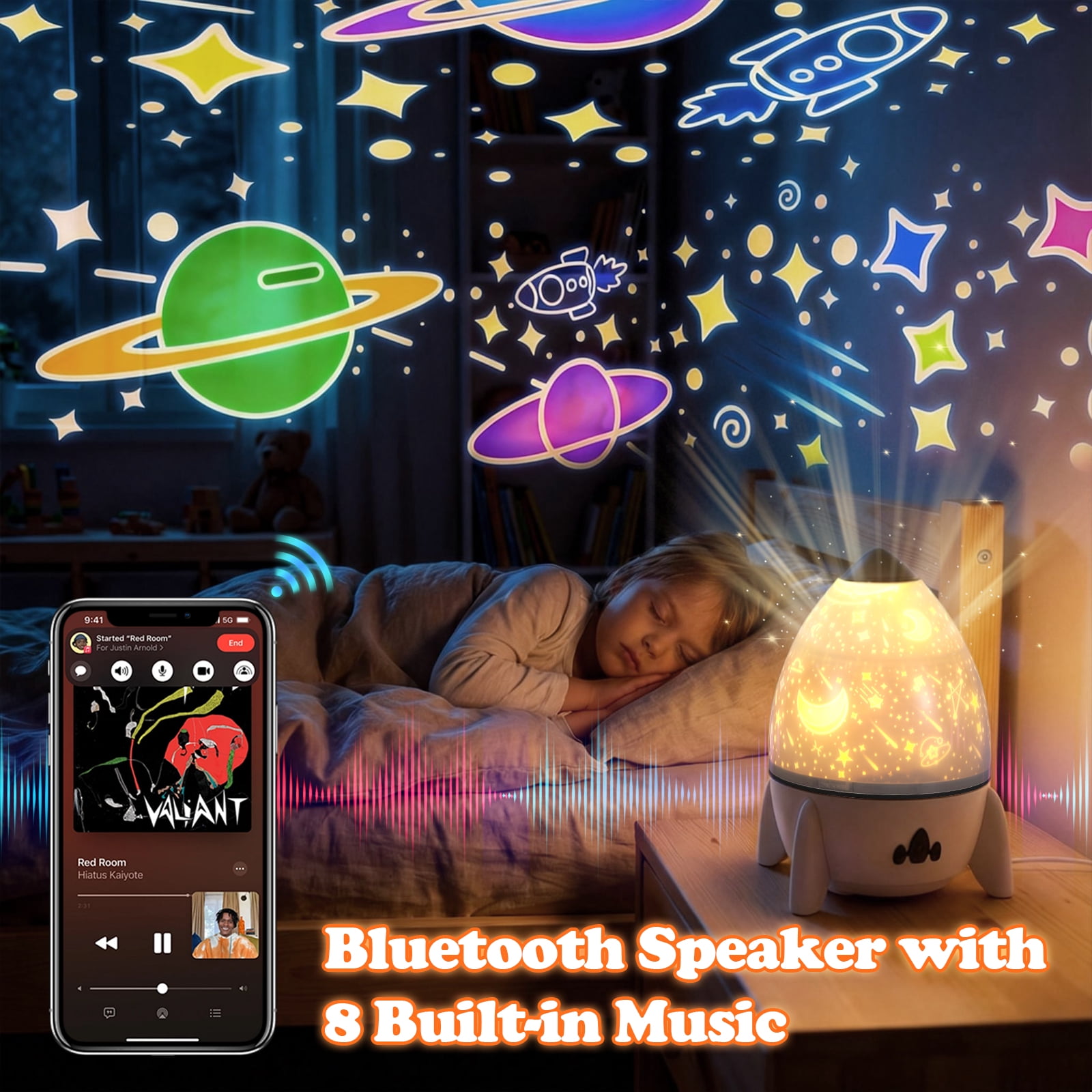 Rocket Projector Night Light for Kids with Bluetooth Speaker, Rechargeable Star & Galaxy Projector, 360 Rotating Space Light with 8 Films, 4 Colors, Timer & Remote Control