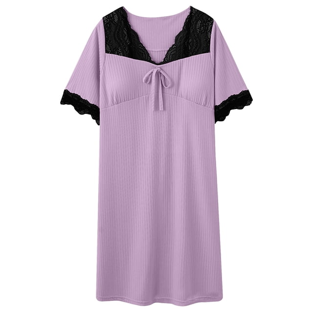 Jgppe Nightgown for Women Knit Ribbed with Chest Pads Lace Patchwork Short Sleeve Solid Color Sleepwear
