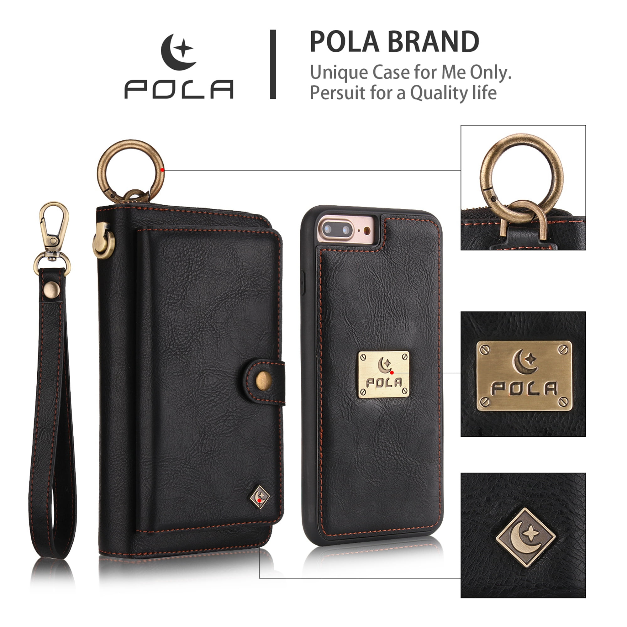 iPhone 8 Plus Wallet Detachable Case, iPhone 7 Plus Case, Dteck [wrist band & metal buckle] [14 Card Slots] Zipper Purse Phone Case Folio Flip PU Leather Removable Magnetic Back Cover, Black
