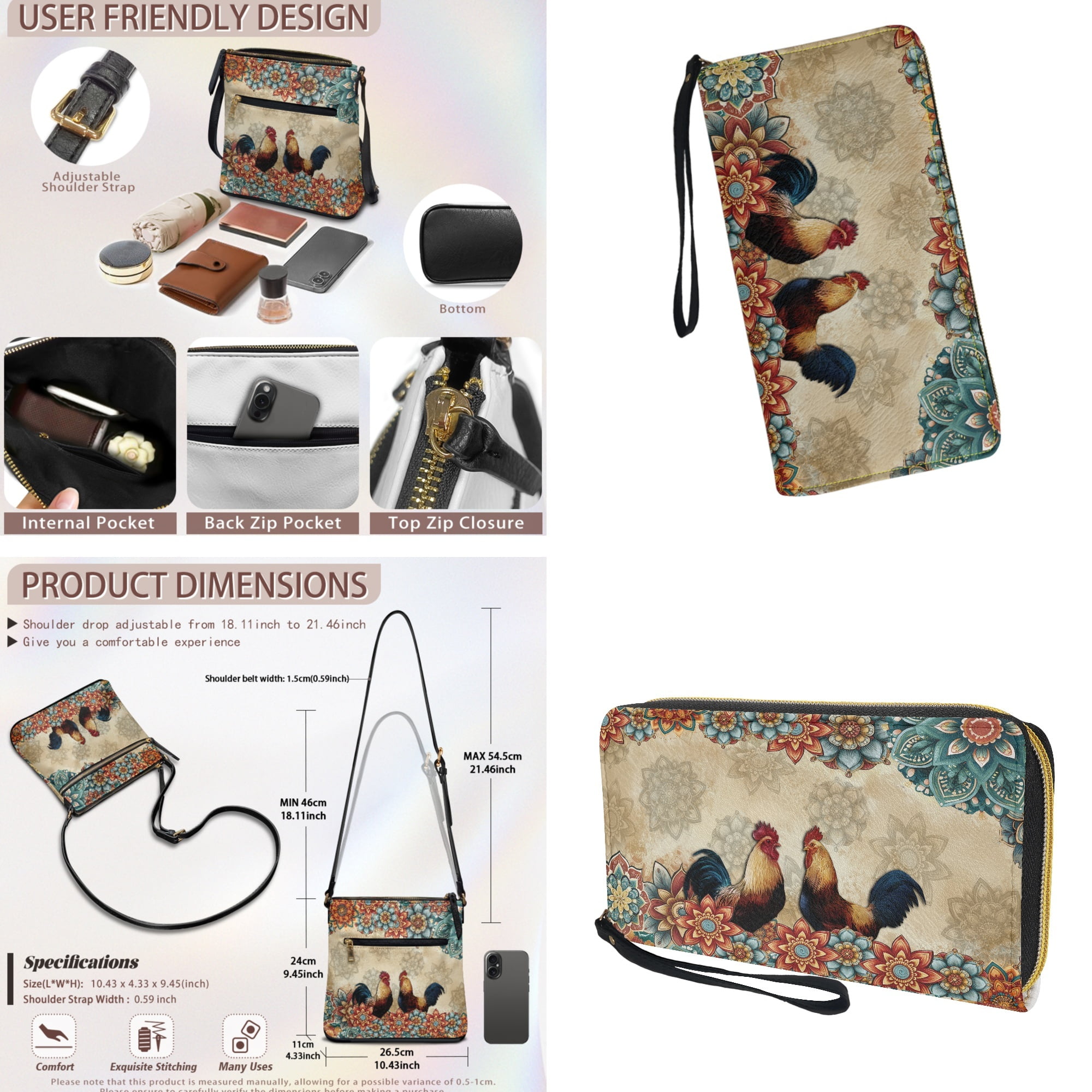 ZUXONGSY Boho Mandala Rooster Print Crossbody Bags Ladies Shoulder Handbags Purse and Wallet Set Leather Hobo Bag with Wallet Multi Pockets Satchel Purse with Adjustable Strap