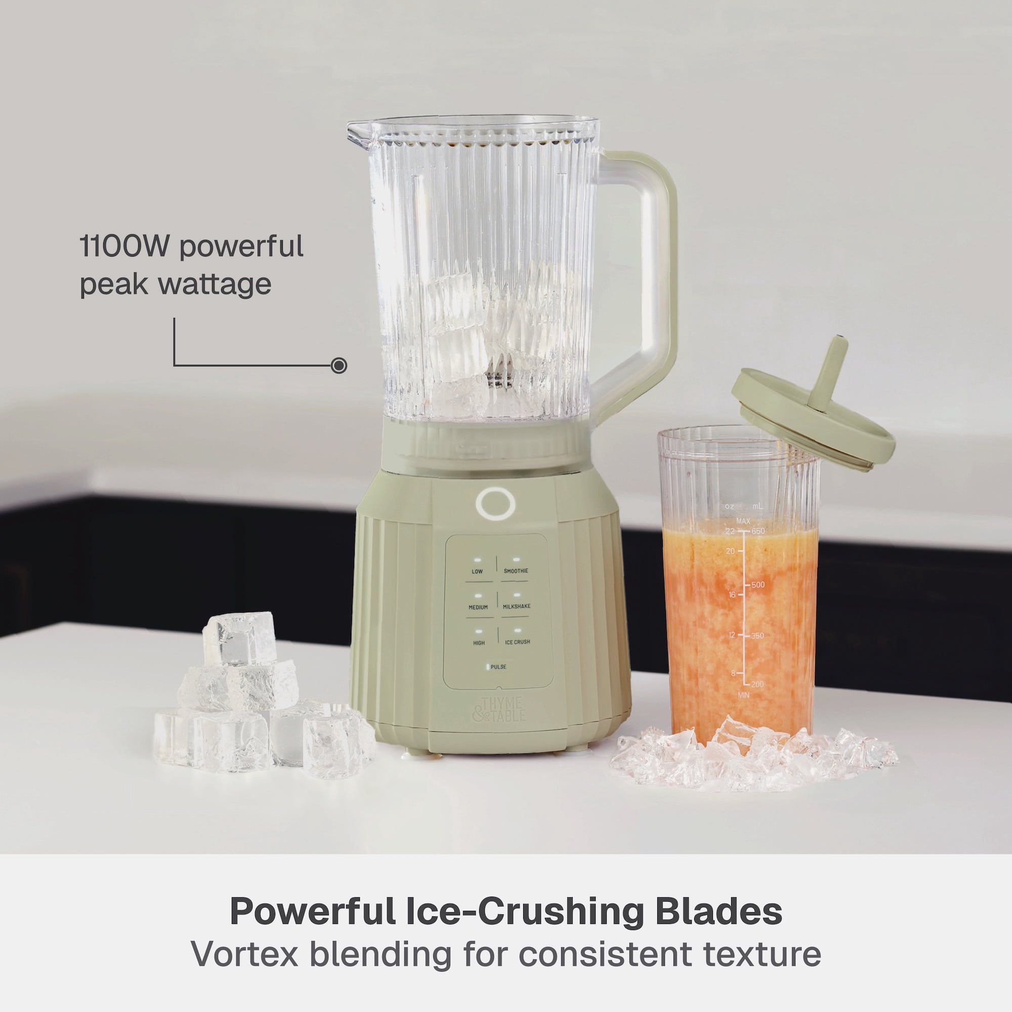 Thyme & Table Countertop Blender Duo, 1100W, 57oz Tritan Pitcher, 6-Point Stainless Steel Blade, 25oz To-Go Cup with Smart Seal™ Lid and Straw, Eucalyptus Green