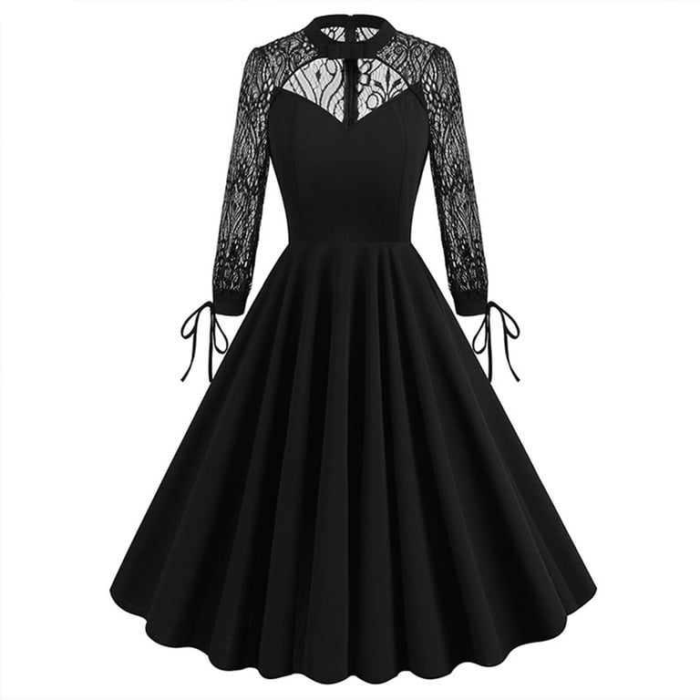 JSKUMAR Black Dress Women Lace Mesh Hollow Out Long Sleeve Halter Sweetheart Neck A-Line Gothic Dresses Vintage Festival Outfits Y2K, Women's, Size: JSKUMAR Black Dress Women Lace Mesh Hollow Out Long Sleeve Halter Sweetheart Neck A-Line Gothic Dresses Vintage Festival Outfits Y2K, Women's, Size: