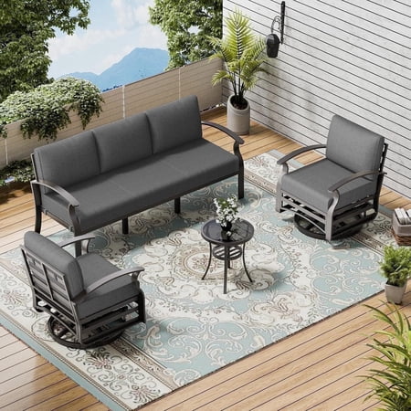 ASJMR 5 Seat Patio Conversation Set Aluminum Outdoor Sofa Furniture Set With Cushions & Glass Top Table For Backyard Poolside Gray