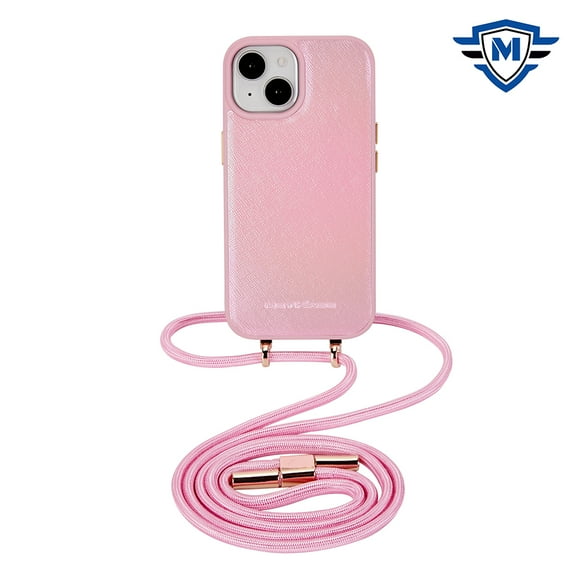 For Apple iPhone 15 /6.1" Hybrid PU Leather With Lanyard Crossbody Strap Wristlet, Two Tone Design Heavy Duty Protective Cover ,Xpm Phone Case [ Pink ]