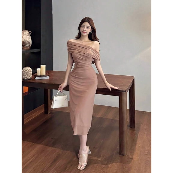 Dusty Pink Off-Shoulder Ruched Slim Fit Midi Dress For Women Elegant Casual Evening Cocktail Dress