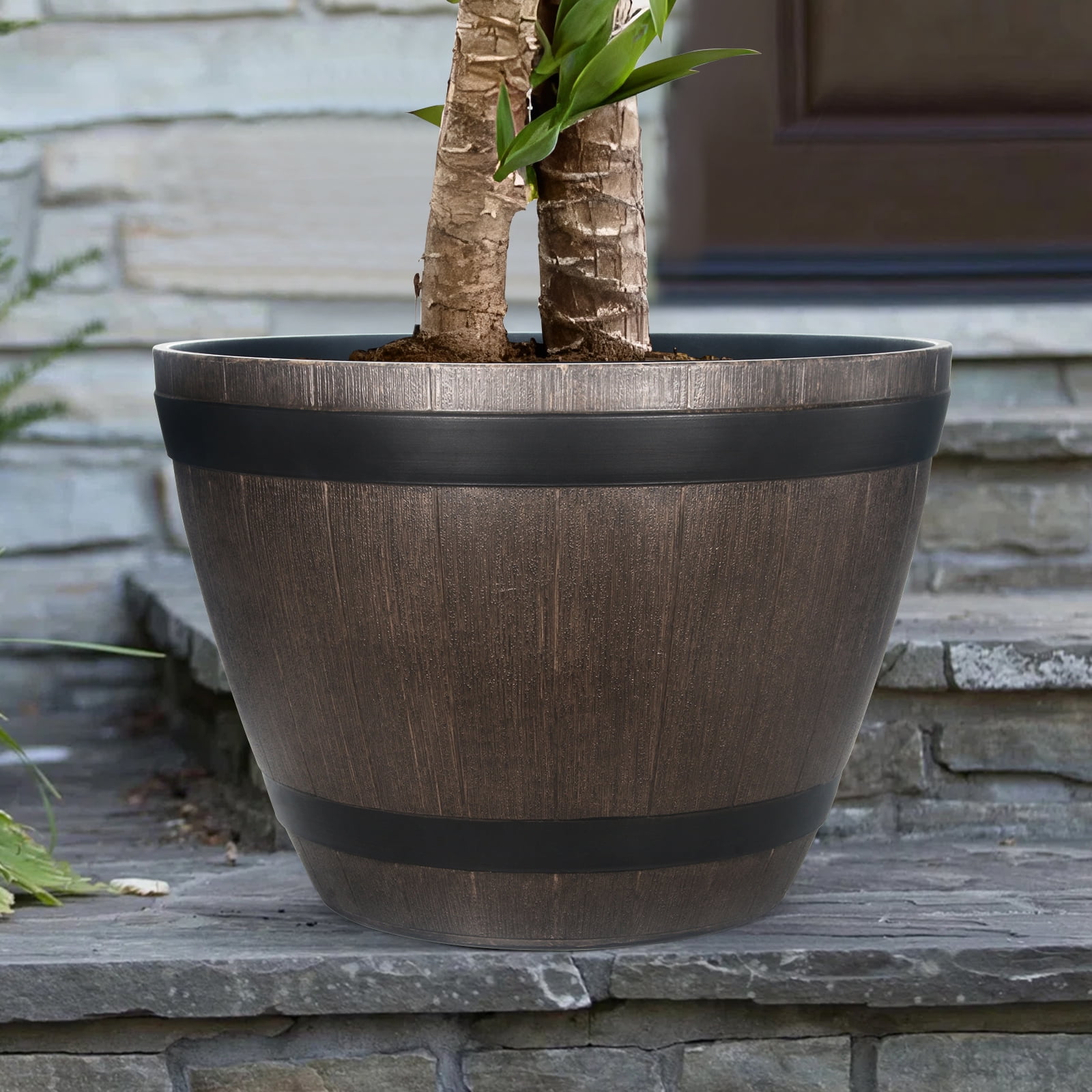 DUNCHATY 21" Whiskey Barrel Planter 2 Pack, Round Resin Wine Barrel Flower Pots, Rustic Brown Wood-Look Indoor Outdoor Garden Decor, Drainage Holes