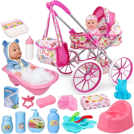 LINXUXIE Baby Doll Stroller Set Toys with Bathtub,12" Doll and Doll Accessories, Baby Stroller Toys for 2 3 4 Year Old Girls Birthday Gifts