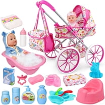 LINXUXIE Baby Doll Stroller Set Toys with Bathtub,12" Doll and Doll Accessories, Baby Stroller Toys for 2 3 4 Year Old Girls Birthday Gifts