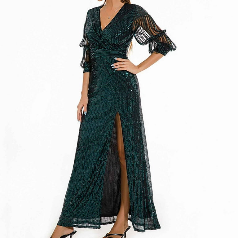 cocktail dress masquerade Qatainlav Wedding Guest Dresses for Women Elegant Sequin Glitter Cocktail Dress Mesh Patchwork High Slit Party Dress Masquerade Ball Gown Green M,