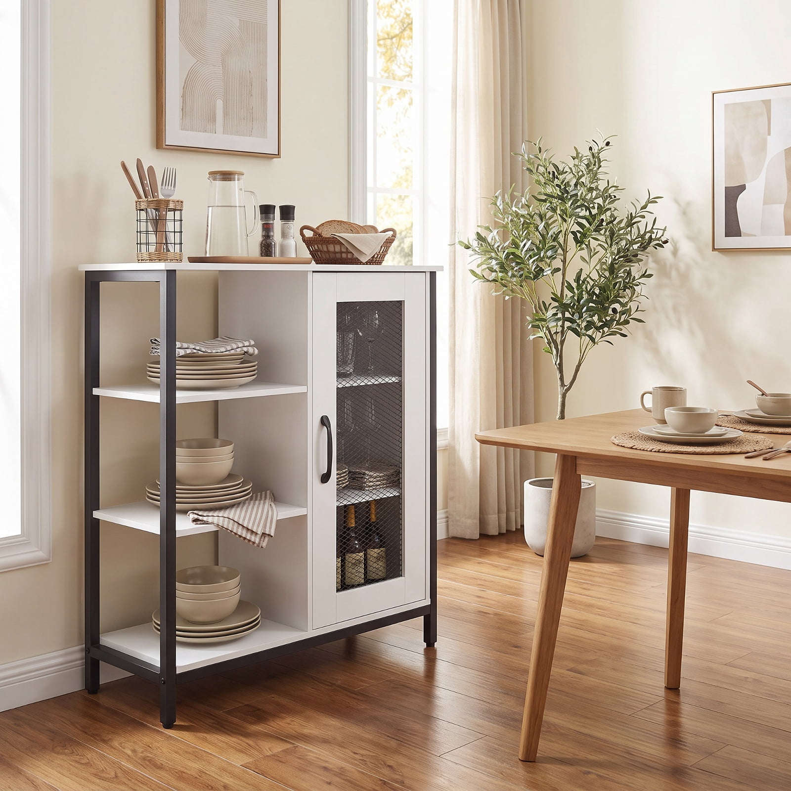 Furnibear Industrial Side Cabinet with Metal Mesh Door and 3 Open Shelves Narrow Buffet Sideboard Storage for Kitchen Dining and Living Room, White